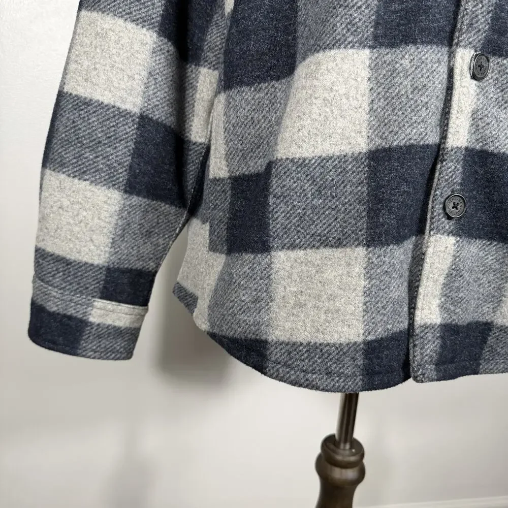 Banana Republic Jacket Mens L Gray Blue Buffalo Plaid Lined Shirt Jacket